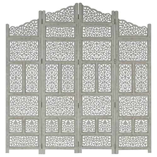 vidaXL Mangoholz Massiv Raumteiler 4-TLG. Handgeschnitzt Klappbar Trennwand Paravent Umkleide Sichtschutz Spanische Wand Grau 160x165cm von vidaXL