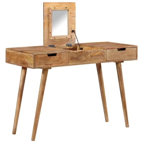 vidaXL Mangoholz Massiv Schminktisch mit 2 Schubladen 4 Fächern 1 Spiegel Frisiertisch Kosmetiktisch Frisierkommode Kommode Tisch 112x45x76cm von vidaXL