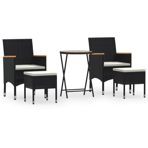 vidaXL Massivholz Akazie Garten Bistroset 5-TLG. Balkonset Gartenmöbel Sitzgruppe Gartenset Gartentisch Gartenstühle Fußhocker Poly Rattan Schwarz von vidaXL