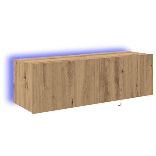 vidaXL Moderner Vitrinenschrank aus massivem Eichenholz mit integrierter LED-Beleuchtung für Wohnzimmer, Glatte Matte Oberfläche, 100 x 35 x 31 cm, ideal für Heimkino und Sammlungsaufbewahrung von vidaXL