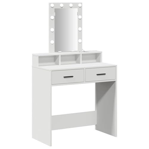 vidaXL Moderner weißer Schminktisch mit integriertem Spiegel und Hollywoodlichtern | Stauraum mit schwebenden Regalen für Beauty-Essentials Ideal für Schlafzimmermöbel Grooming MDF Dressing von vidaXL