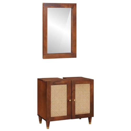 vidaXL Modernes rechteckiges Badezimmer-Set mit Spülenschrank und Spiegel aus massivem Mango-Holz. Die braune Oberfläche hat die Maße 62 x 33 x 58 cm von vidaXL