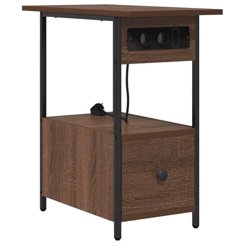 vidaXL Nachttisch aus braunem Eichenholz mit Technikelementen, Maße: 60 x 30 x 61 cm. Modernes Design mit Ladeanschluss, strukturierte Oberfläche, leicht zu reinigen, Zwei Schubladen. Perfekt für dri von vidaXL