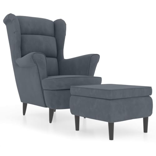 vidaXL Ohrensessel mit Hocker Armlehnen Fernsehsessel Polstersessel Loungesessel Wohnzimmersessel TV Sessel Ruhesessel Relaxsessel Dunkelgrau Samt von vidaXL