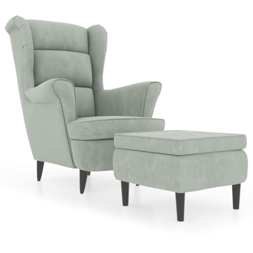vidaXL Ohrensessel mit Hocker Armlehnen Fernsehsessel Polstersessel Loungesessel Wohnzimmersessel TV Sessel Ruhesessel Relaxsessel Hellgrau Samt von vidaXL