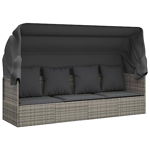 vidaXL Outdoor Loungebett, Verstellbar Gartensofa mit Kissen Dach, Sonnenliege mit Stahlrahmen, Relaxliege Lounge Sofa, Grau Poly Rattan von vidaXL