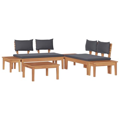 vidaXL Outdoor-Schnittsofa in Braun und Dunkelgrau aus solidem Akazienholz und Polyester. Rustikaler Bauernhaus-Stil. Keine Montage nötig. Enthält 2 Bänke und einen Tisch. Maximale Belastbarkeit: 110k von vidaXL