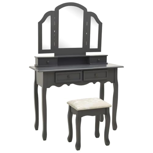vidaXL Paulownia-Holz Schminktisch Set mit Hocker Spiegel Frisiertisch Kommode Kosmetiktisch Frisierkommode Schlafzimmer Grau 100x40x146cm von vidaXL