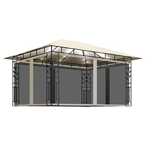 vidaXL Pavillon mit Moskitonetz LED Lichterketten Gartenzelt Partyzelt Festzelt Gartenpavillon Bierzelt Garten Zelt Outdoor Terrasse 4x3x2,73m Creme von vidaXL