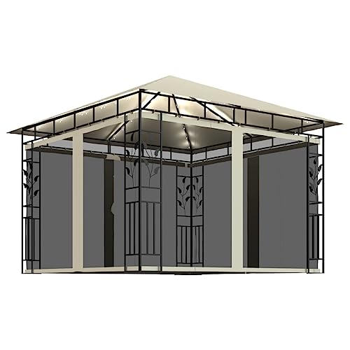 vidaXL Pavillon mit Moskitonetz und LED Lichterketten Gartenzelt Partyzelt Festzelt Gartenpavillon Bierzelt Garten Zelt Outdoor 3x3x2,73m Creme von vidaXL