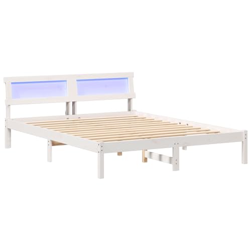 vidaXL Plattformbett mit LED-Lichtern 140 x 200 cm in Weiß aus solidem Kiefernholz. Schlankes, modernes Design mit USB-C. Inklusive Nachttisch. Easy zu montieren. Stylische Möbel für Dein Schlafzimme von vidaXL