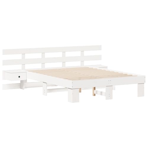 vidaXL Plattformbett rechteckig 120 x 190 cm in Weiß aus Kiefernholz mit mattem Finish. Kein Boxspring nötig. Inklusive 2 integrierter Nachttische mit Schubladen. Moderner Stil für drinnen von vidaXL