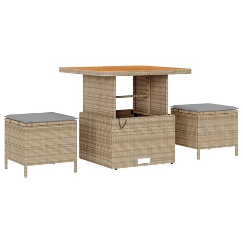 vidaXL Rechteckiges Rattan Essset mit 2 Hockern | Gepolsterter Outdoor Tisch im modernen Beige und Grau Design, perfekt für Balkon oder Terrasse. Bietet Platz für 4 Personen, stylische Gartenmöbel. von vidaXL