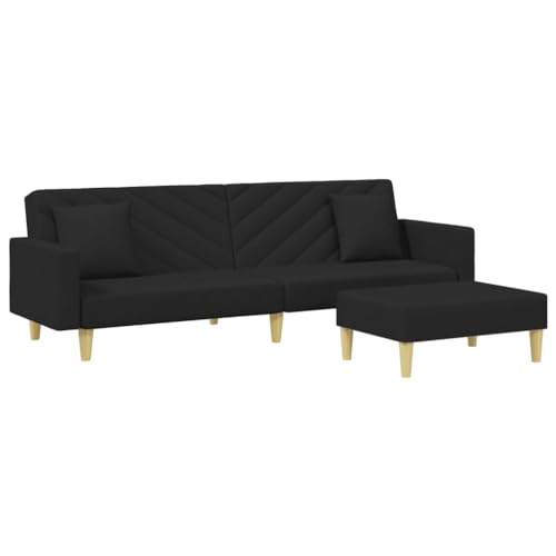 vidaXL Schlafsofa, Sofa Couch 2-Sitzer mit Kissen Fußhocker, Bettsofa Sofabett Verstellbare Rückenlehne, Klappbett Klappsofa mit Schlaffunktion, Schwarz Stoff von vidaXL