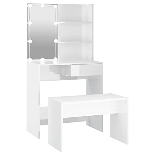 vidaXL Schminktisch Set mit LED Frisiertisch Kommode Frisierkommode Kosmetiktisch Hocker Spiegel Schminkhocker Schlafzimmer Hochglanz-Weiß Holzwerkstoff von vidaXL