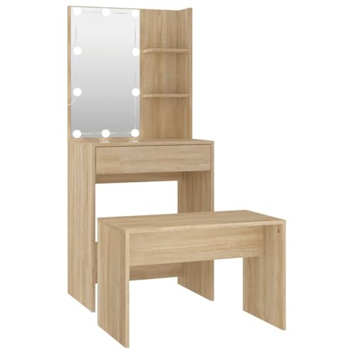 vidaXL Schminktisch Set mit LED Frisiertisch Kommode Frisierkommode Kosmetiktisch Hocker Spiegel Schminkhocker Schlafzimmer Sonoma-Eiche Holzwerkstoff von vidaXL