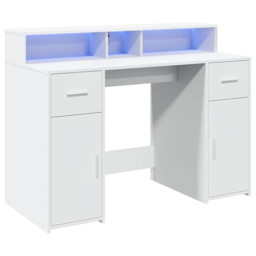 vidaXL Schreibtisch, Computertisch mit LED-Leuchten, Arbeitstisch mit Stauraum, Laptoptisch Gaming Tisch PC Tisch, Weiß Holzwerkstoff von vidaXL