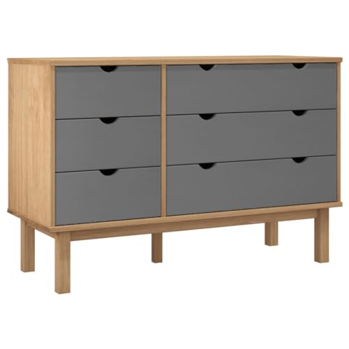 vidaXL Massivholz Schubladenschrank Kommode Schrank Wohnzimmer Schubladenkommode Aufbewahrungsmöbel Anrichte Sideboard OTTA 111x43x73,5cm Braun Grau von vidaXL