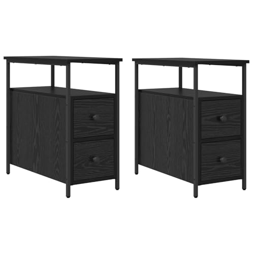 vidaXL Schwarzer Nachttisch aus Eichenholz – 2er-Set – rechteckiges Design mit Textur – 30 x 60 cm – modern und elegant – mit Schublade und Einlegeböden – Stahlgestell – leicht zu reinigen von vidaXL