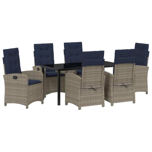 vidaXL Set mit Zwei verstellbaren Gartenstühlen aus grauem Poly-Rattan und Kissen in Marineblau – Bequemes Outdoor-Sitzmöbel für Terrasse, Patio, Lounge und Wohnzimmer von vidaXL