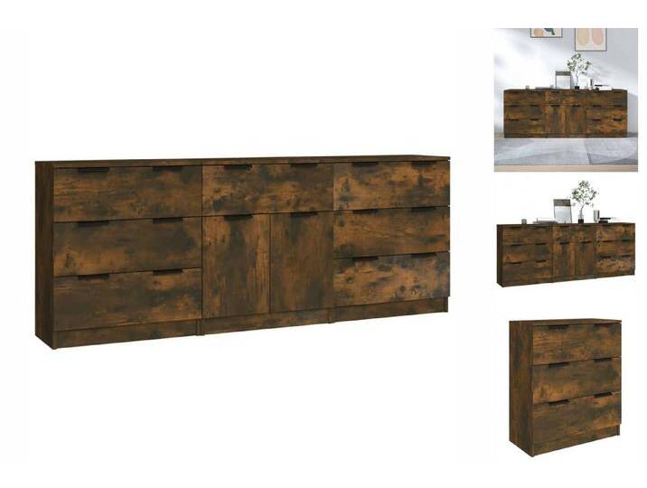 vidaXL Sideboard 3-tlg Sideboard Räuchereiche Spanplatte Kommode Türen Schubladen Glas, braun von vidaXL