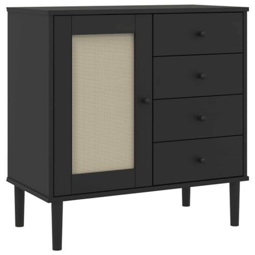 vidaXL Sideboard, Kommode mit 4 Schubladen 2 Fächern, Highboard Wohnzimmerschrank mit Rattan-Optik, Schrank Anrichte Beistellschrank, Schwarz Kiefernholz von vidaXL