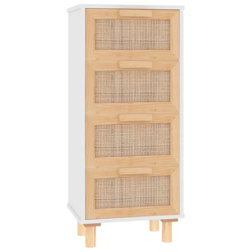 vidaXL Sideboard mit Schubladen Schrank Anrichte Beistellschrank Kommode Schubladenschrank Weiß 40x30x90cm Massivholz Kiefer Natur-Rattan von vidaXL