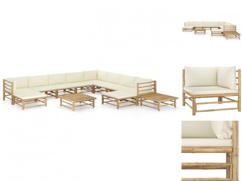 vidaXL Garten-Essgruppe 12-tlg Garten Lounge Set mit Cremeweißen Kissen Bambus Sitzgruppe Set von vidaXL
