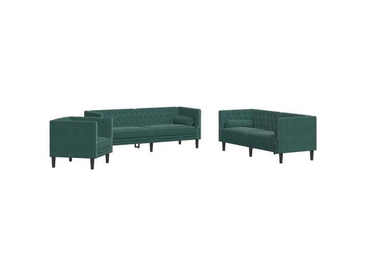 vidaXL Sofa 3-tlg. Chesterfield-Sofa-Set mit Nackenrollen Dunkelgrün Samt, grün, Armchair + 2-seater + 3-seater, Grün von vidaXL