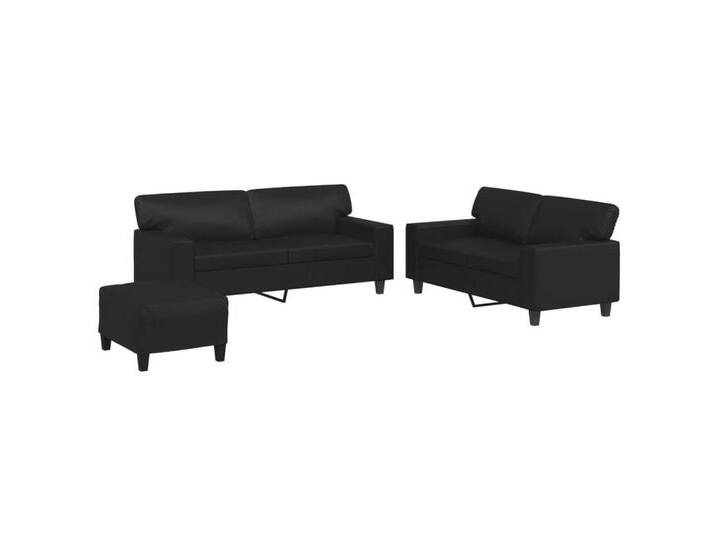 vidaXL Sofa 3-tlg. Sofagarnitur Schwarz Kunstleder, schwarz, with cushions & footstool, Schwarz von vidaXL