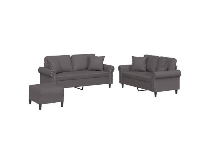 vidaXL Sofa 3-tlg. Sofagarnitur mit Kissen Grau Kunstleder, grau, Mit Polstern & Fußhocker, Grau von vidaXL