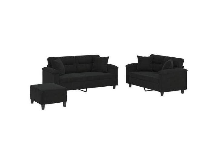 vidaXL Sofa 3-tlg. Sofagarnitur mit Kissen Schwarz Mikrofasergewebe, schwarz, with pillows & footstool, Schwarz von vidaXL