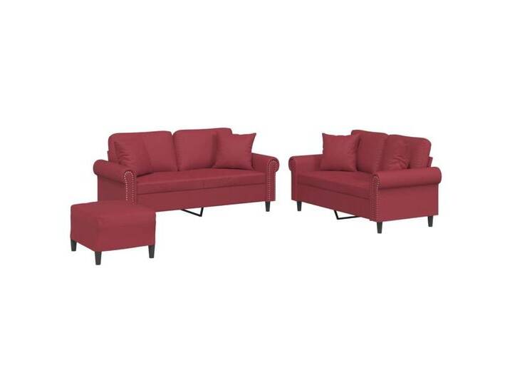 vidaXL Sofa 3-tlg. Sofagarnitur mit Kissen Weinrot Kunstleder, rot, Mit Polstern & Fußhocker, Weinrot von vidaXL