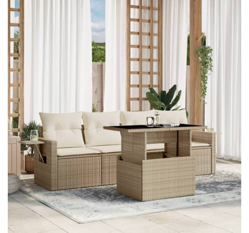 vidaXL Gartenlounge-Set, 5-tlg. Garten-Sofagarnitur mit Kissen Beige Poly Rattan von vidaXL