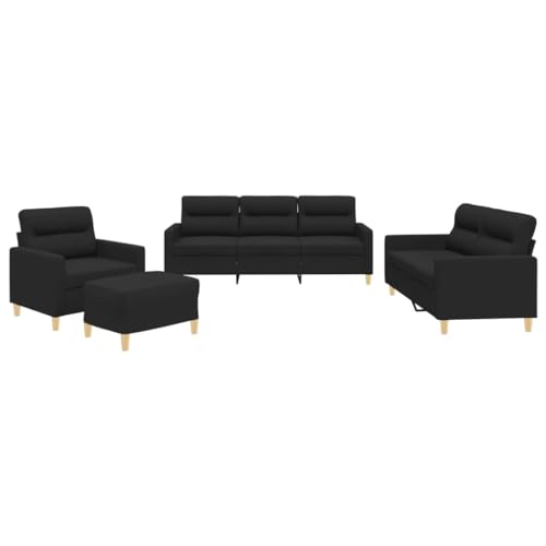 vidaXL Sofagarnitur 4-TLG., Sessel Couch mit Kissen Fußhocker, Sofa Wohnzimmersofa mit Armlehnen, Couchgarnitur Designsofa Sitzmöbel Polstermöbel, Schwarz Stoff von vidaXL