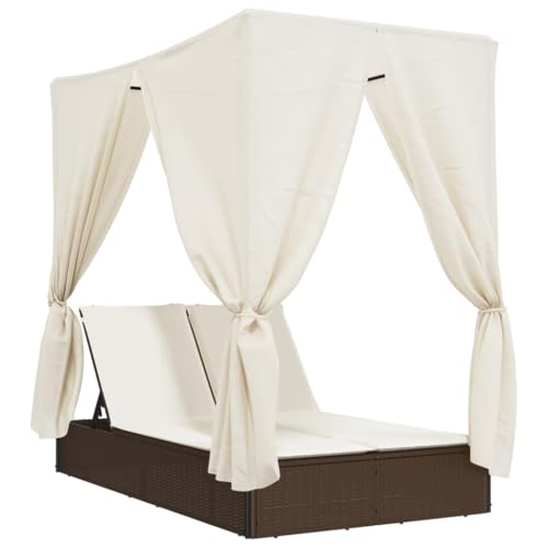 vidaXL Sonnenliege, Doppelliege mit Dach Vorhängen, Gartenliege Verstellbare Rückenlehne, Relaxliege Liege Gartenmöbel, Braun Poly Rattan von vidaXL