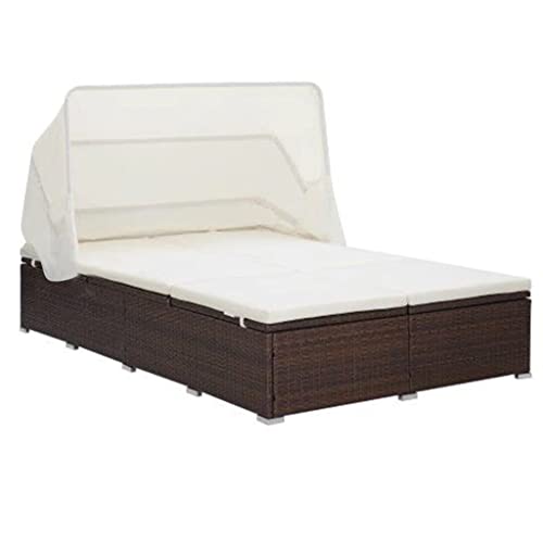 vidaXL Sonnenliege 2-Personen mit Auflage Klappdach Gartenliege Doppelliege Relaxliege Gartenmöbel Liege Strandliege Poly Rattan Braun von vidaXL