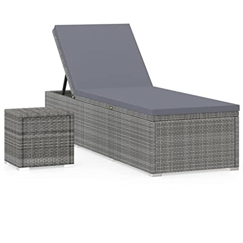 vidaXL Sonnenliege mit Auflage Teetisch Gartenliege Relaxliege Rattanliege Strandliege Liegestuhl Liege Gartenmöbel Poly Rattan Grau von vidaXL