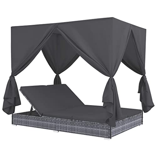 vidaXL Sonnenliege mit Vorhängen Gartenliege Lounge Doppelliege Relaxliege Sonnenbett Doppelbett Gartenmöbel Liege Liegestuhl Poly Rattan Grau von vidaXL