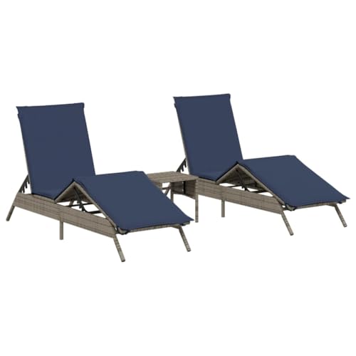vidaXL Sonnenliegen 2 STK., Sonnenliege mit Tisch Kissen, Relaxliege für Garten Terrasse, Gartenliege Sonnenbett, Grau Poly Rattan von vidaXL