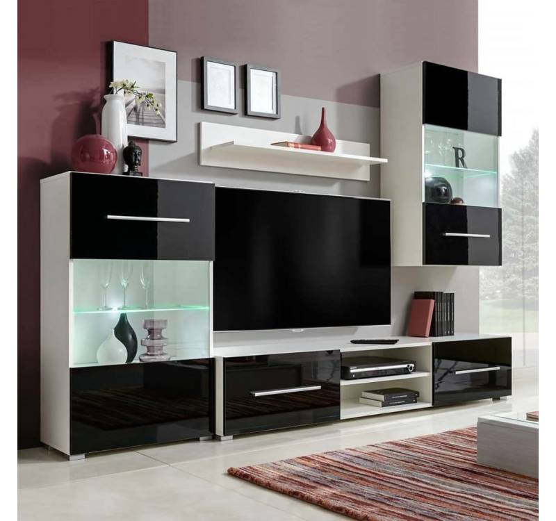 vidaXL TV-Schrank 4-tlg. Wohnwand mit TV-Schrank & LED-Leuchten Hochglanz-Schwarz (4-St) von vidaXL