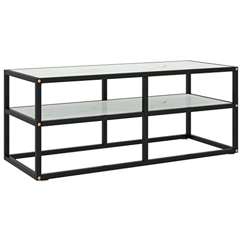 vidaXL TV Schrank Lowboard TV Möbel Tisch Board Sideboard Fernsehtisch Fernsehschrank HiFi-Schrank Schwarz mit Weißer Marmor-Optik Glas 100x40x40cm von vidaXL