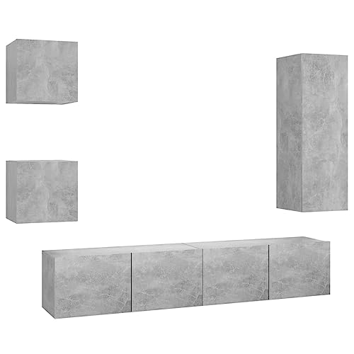 vidaXL TV Schrank Set 5-TLG. Wohnwand Anbauwand Schrankwand Hängeschrank TV Möbel HiFi-Schrank Wandschrank Fernsehschrank Lowboard Betongrau Holzwerkstoff von vidaXL