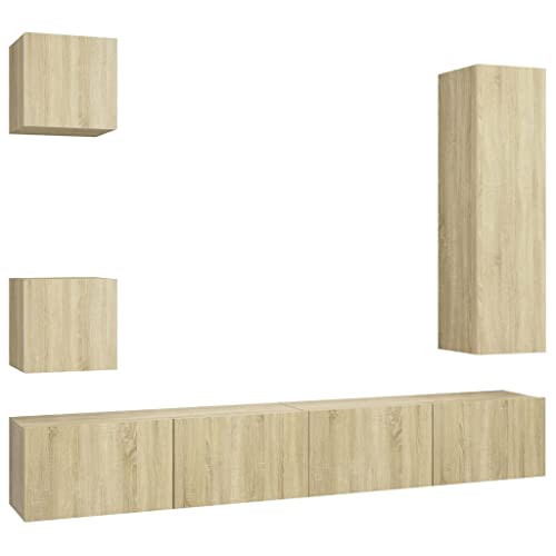 vidaXL TV Schrank Set 5-TLG. Wohnwand Schrankwand Anbauwand Hängeschrank Wandschrank Lowboard TV Möbel HiFi-Schrank Fernsehschrank Sonoma-Eiche Holzwerkstoff von vidaXL