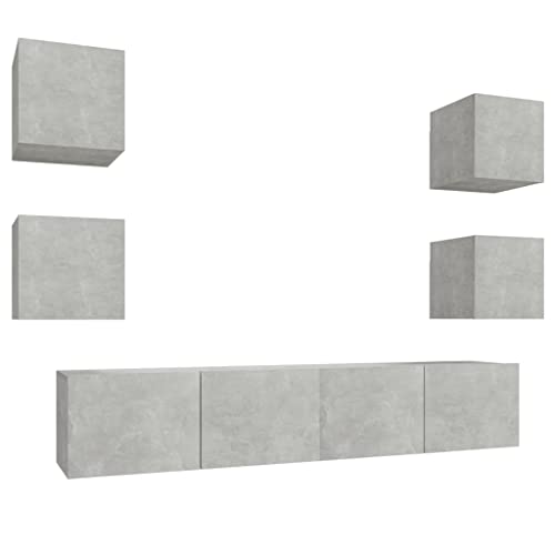 vidaXL TV Schrank Set 6-TLG. Wohnwand Schrankwand Anbauwand Hängeschrank Lowboard TV Möbel Fernsehschrank Wandschrank HiFi-Schrank Betongrau Holzwerkstoff von vidaXL
