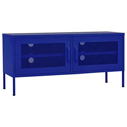 vidaXL TV Schrank mit 2 Gittertüren Lowboard TV Möbel Tisch Board Sideboard Fernsehtisch Fernsehschrank HiFi-Schrank Marineblau 105x35x50cm Stahl von vidaXL