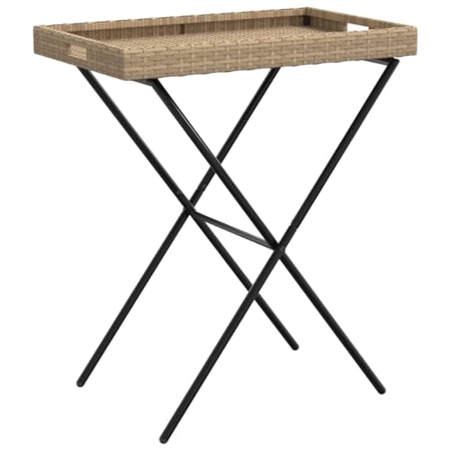 vidaXL Tabletttisch, Beistelltisch Klappbar UV-beständig, Serviertisch Tisch mit Griffen, Klapptisch Gartentisch Serviertablett, Beige Poly Rattan von vidaXL