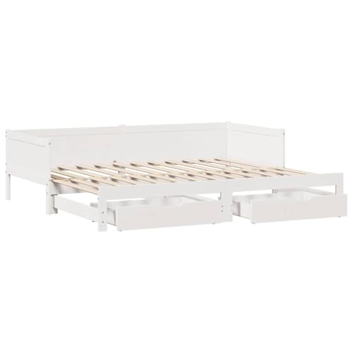 vidaXL Tagesbett, Bettsofa Ausziehbar mit Schubladen, Gästebett ohne Matratze mit Lattenrost, Ausziehbett Schlafsofa, Weiß 80x200cm Massivholz Kiefer von vidaXL