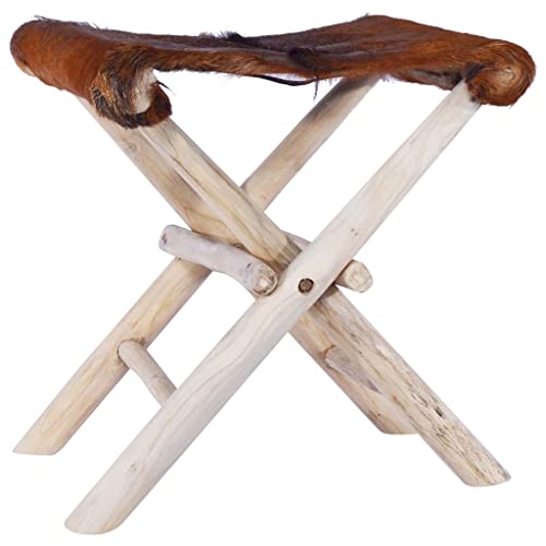 vidaXL Teak Massiv Klapphocker Zusammenklappbar Sitzhocker Hocker Fellhocker Dekohocker Hocker Polsterhocker Echtes Fell 48x40x45cm von vidaXL