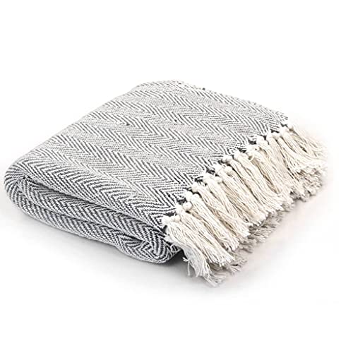 vidaXL Überwurf Baumwolle Fischgrätmuster 220x250cm Grau Tagesdecke Decke von vidaXL